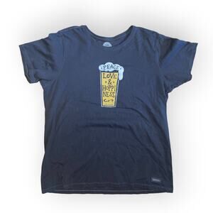 Life Is Good Womens  SZ XL Peace Love Hoppiness V-Neck T-Shirt Tee Beer Mug
